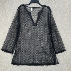 La Blanca Swim Cover Up Women Large Black Sequin Mesh Sheer Tunic V-Neck Tunic